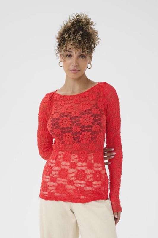 Cream Chandail dentelle mesh manches longues coupe ajustée Paprika 10614628