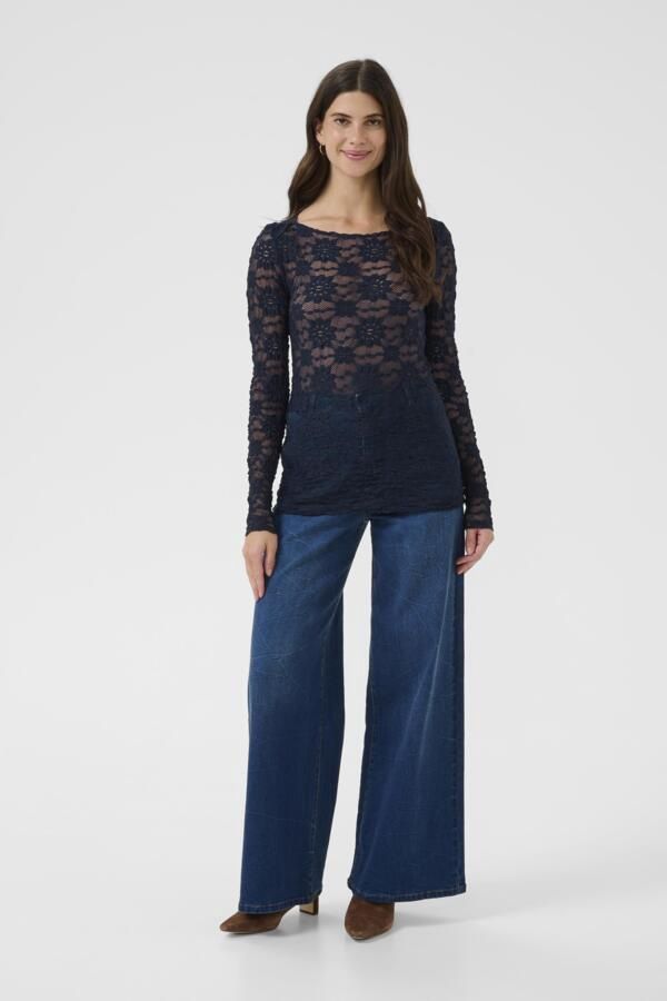 Cream Chandail dentelle mesh manches longues coupe ajustée Marine 10614628