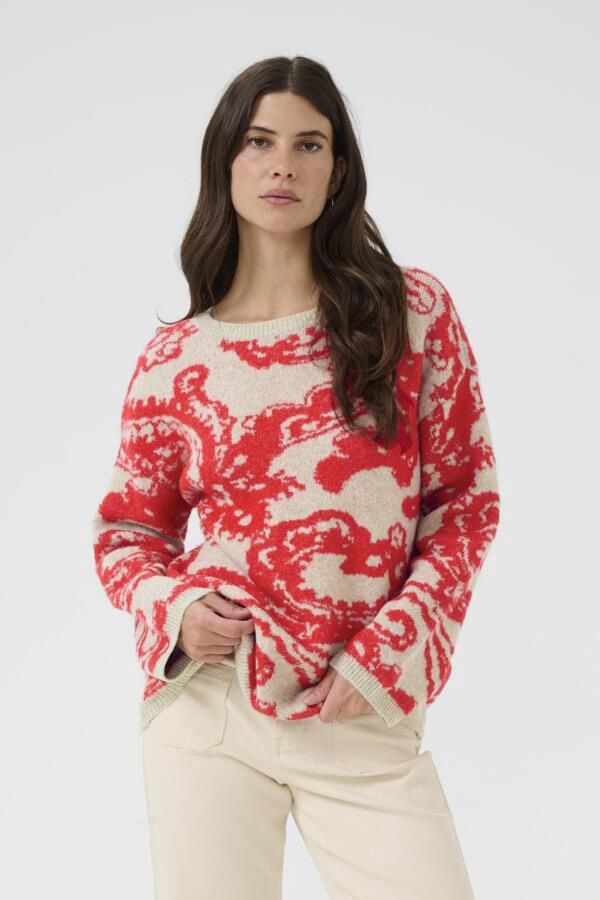 Cream Pull tricot manches longues avoine Paisley rouge 10614714