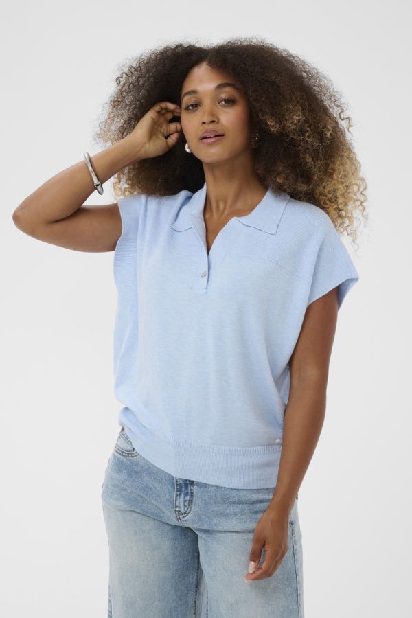 Cream Pull tricot manches courtes petit col polo Cashmere Blue 10614656