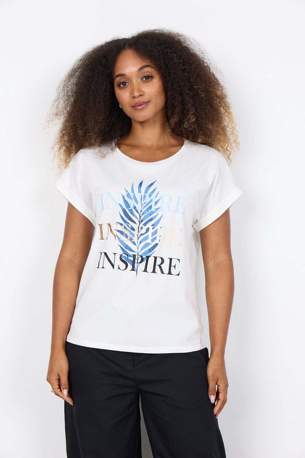Soya Concept T-Shirt offwhite manches courtes col rond imprimé bleu écriture INSPIRE 27458