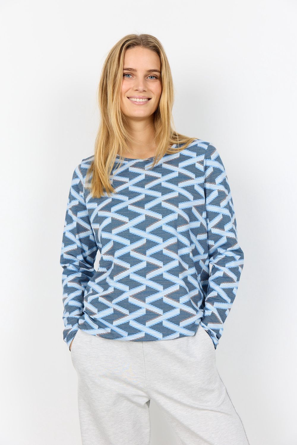 Soya Concept Chandail manches longues col rond motifs géo bleu 27413