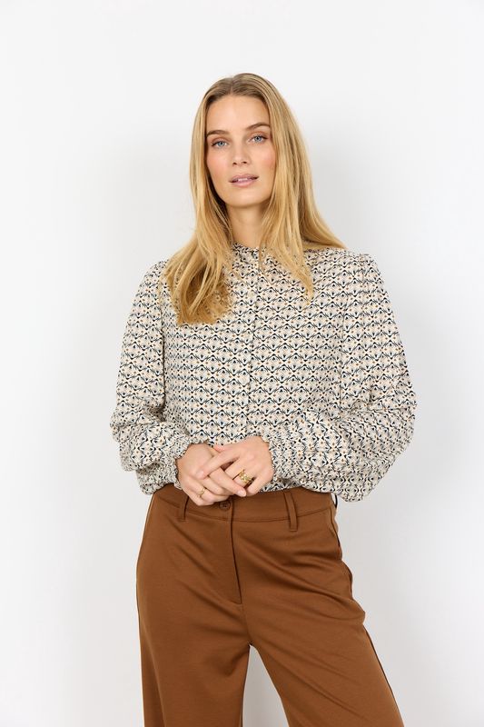 Soya Concept Blouse crème manches longues motifs marine/tan/bleu poudre 41549
