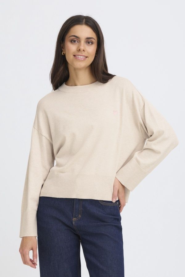 Fransa Pull tricot manches longues avoine et coeur brodé rose smoke 20617427