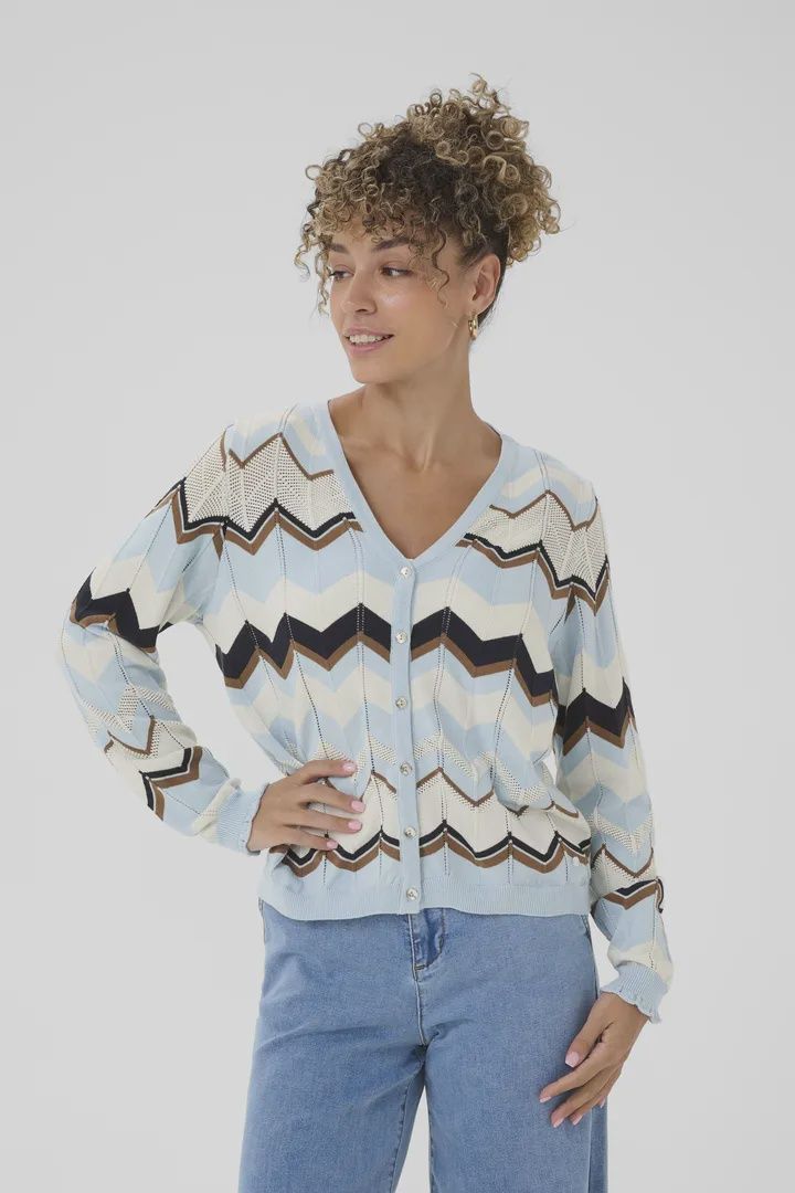 CREAM Cardigan à motif ondulé bleu, blanc et brun 10614558