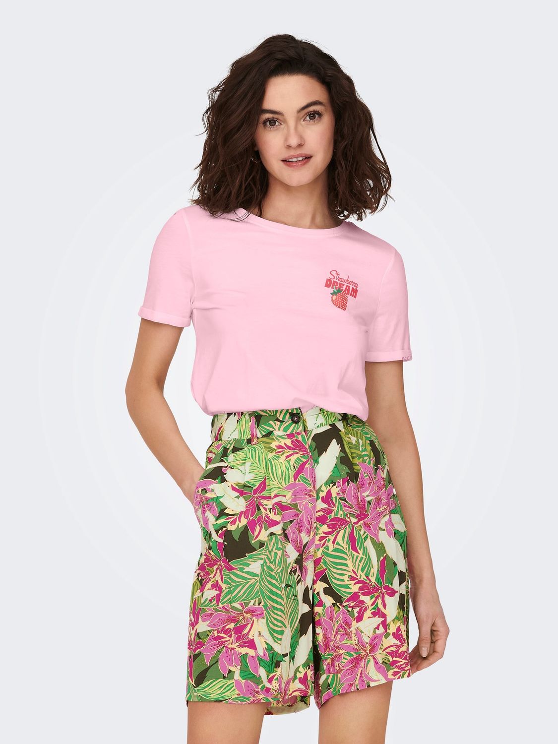 Only T-Shirt rose manches courtes col rond imprimé Drinks Fraise 15291465