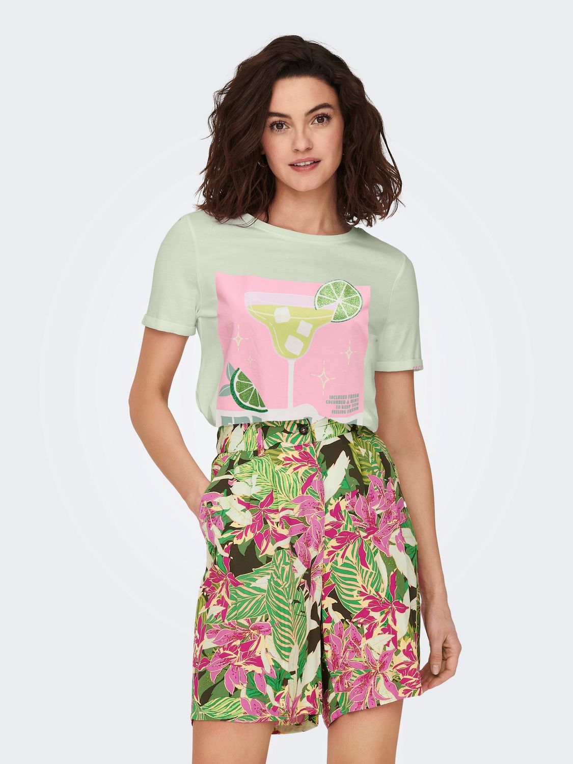Only T-Shirt vert menthe manches courtes col rond imprimé Drinks margarita lime 15291465