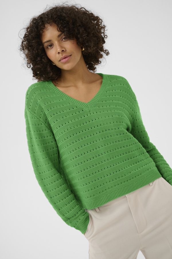 Kaffe Tricot ajouré manches longues col V Bright Green 10511299
