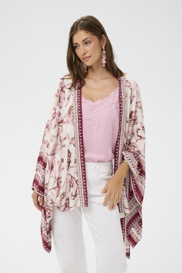 Cream Kimono motif floral rose et bourgogne 10614976