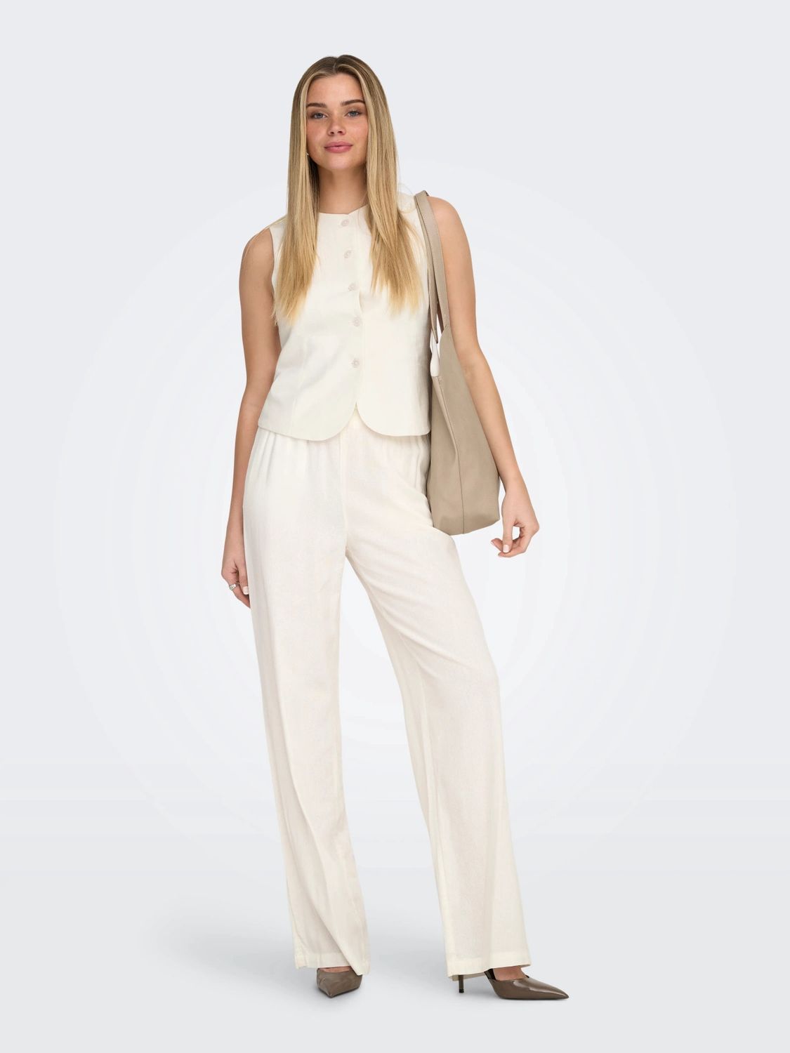 Only Pantalon pull-up taille élastique lin offwhite 15363676