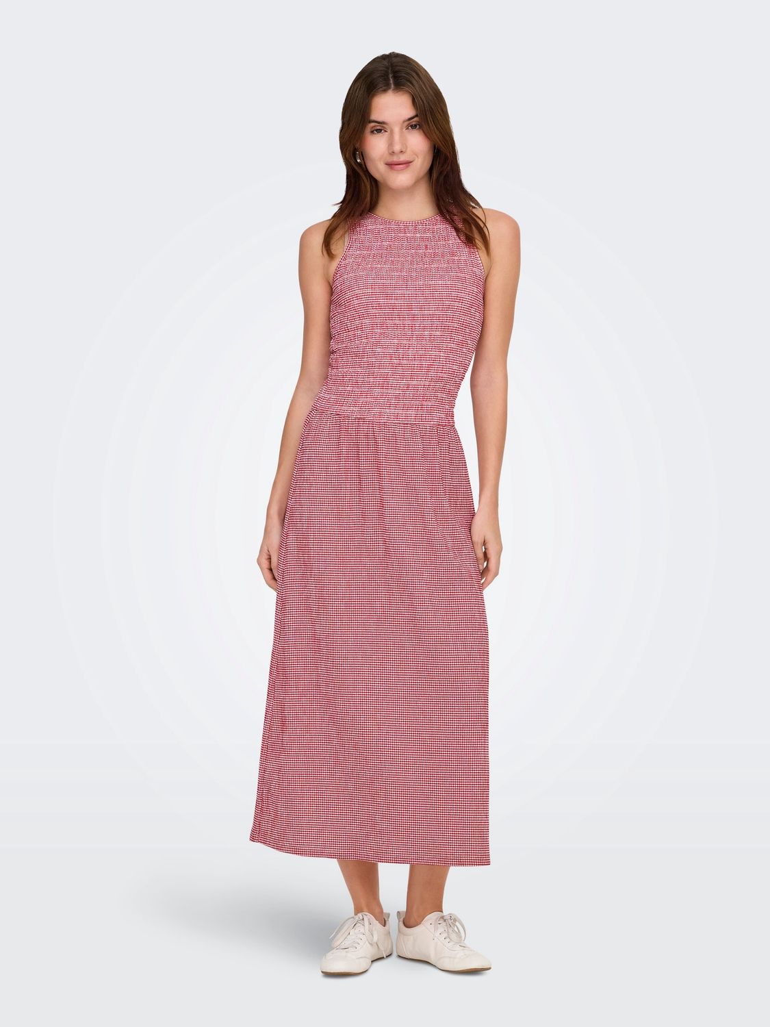 Only Robe longue nid d'abeille sans manche motif vichy rouge 15369284