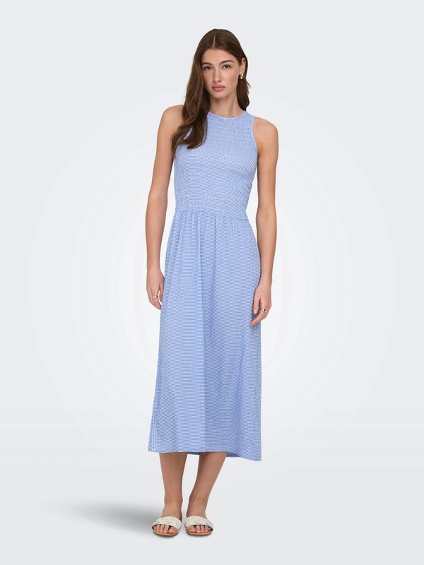 Only Robe longue sans manche nid d'abeille motif Vichy bleu 15369284