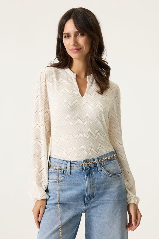 Garcia Chandail écru col V manches légèrement bouffantes broderie  N260234