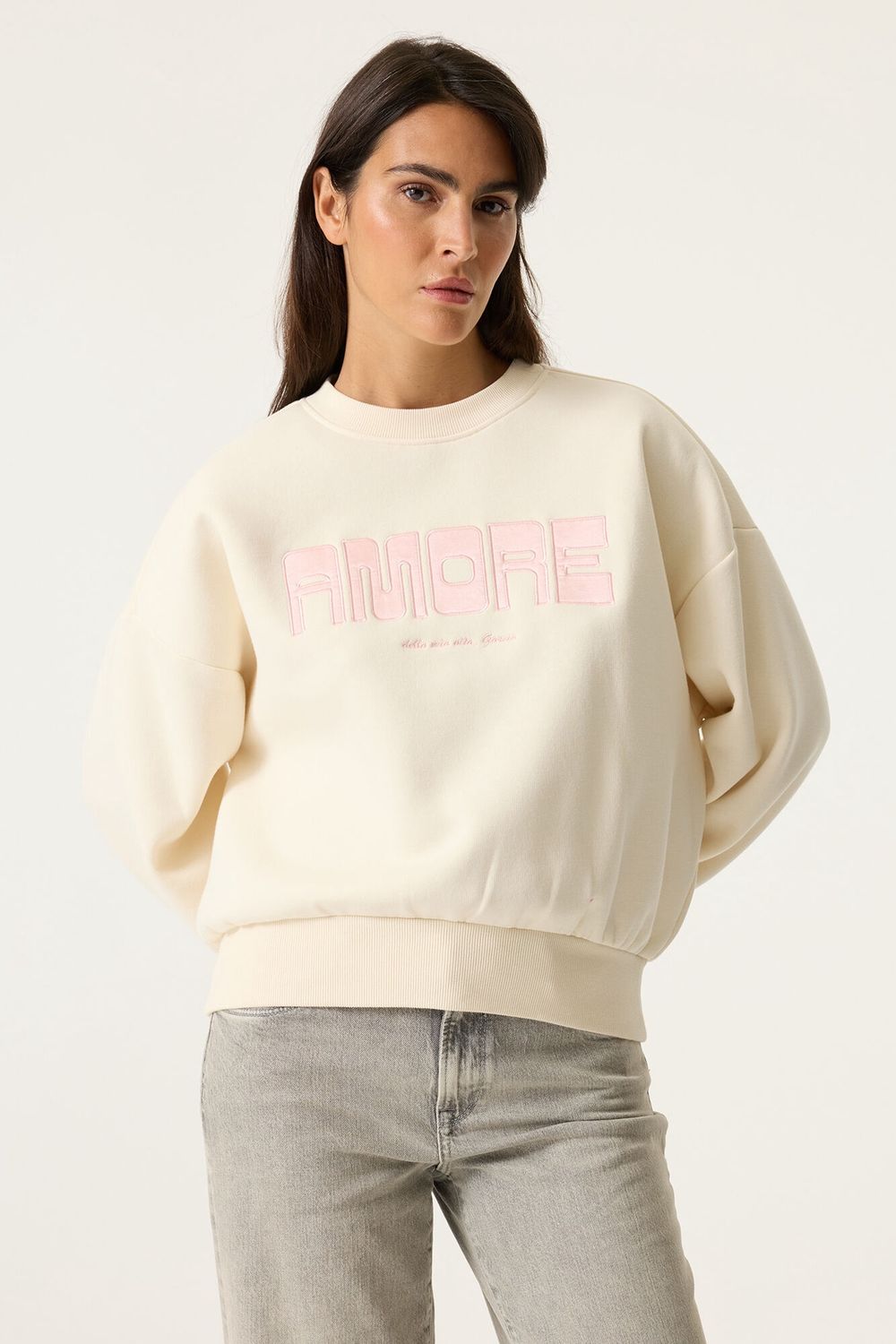 Garcia Chandail crewneck manches longues offwhite écritures rose AMORE N260261