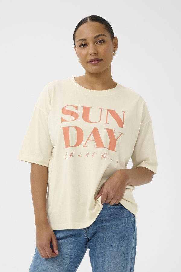 Kaffe T-Shirt coupe ample écru avec écritures orange 10508588