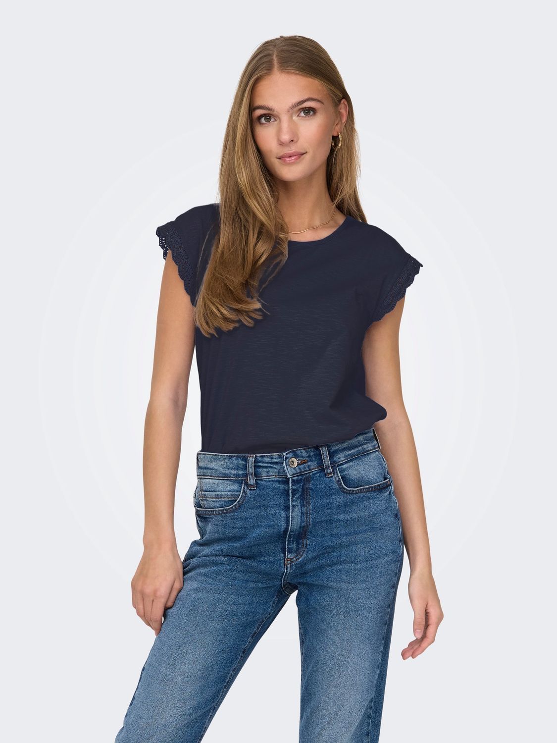 JDY Haut col rond manches broderie marine 15318217