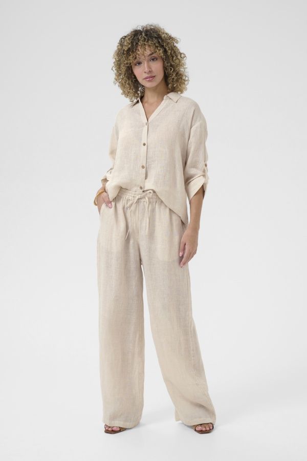 Cream Pantalon lin taille élastique avec cordon Crispy Sand 10615410