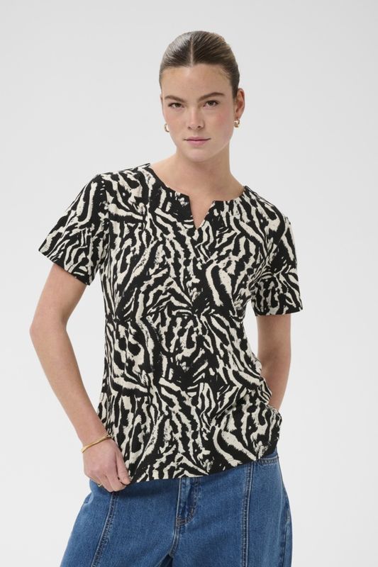 Kaffe T-Shirt manches courtes petit col V motif noir et crème 10508467