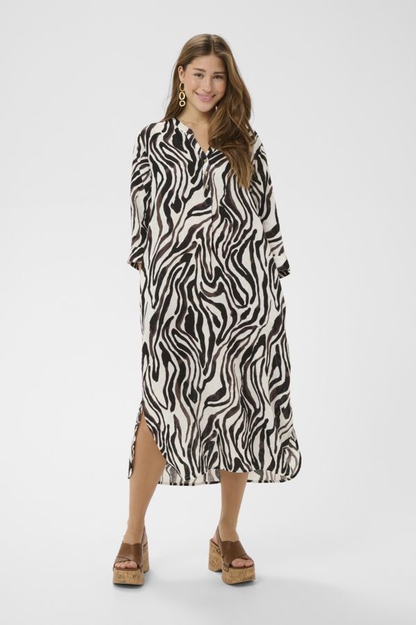 Cream Robe longue lin motif animalier noir et blanc 10615405