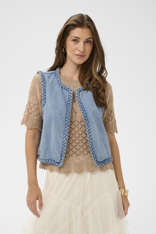 Cream Veste sans manche denim bleu moyen détail tressé 10614877