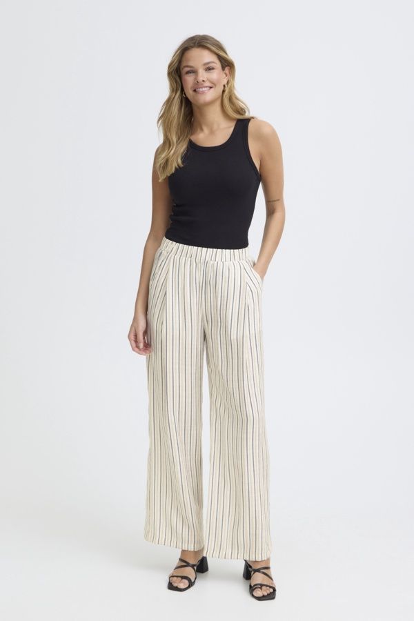 Fransa Pantalon taille élastique coupe jambes larges rayures marine et beige 20615422