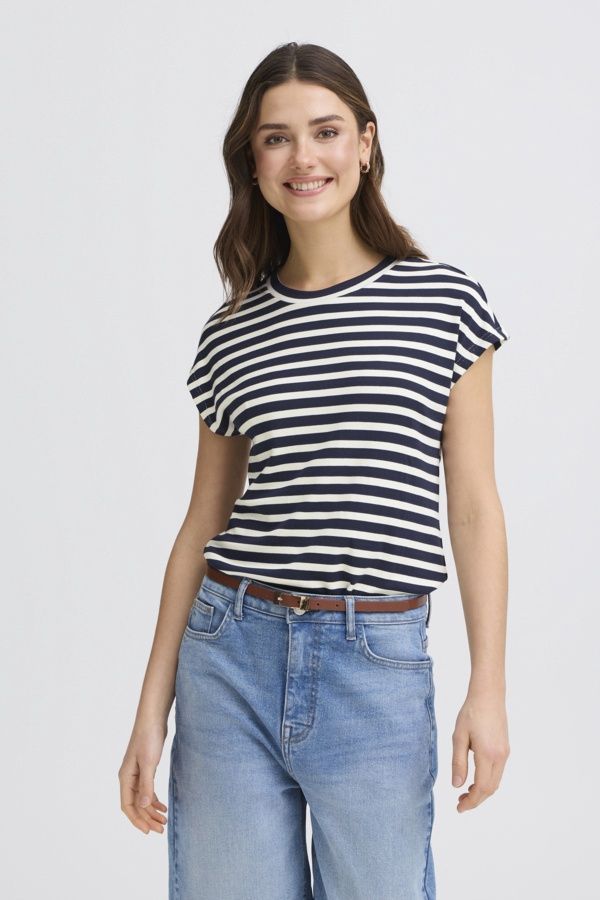 Fransa T-Shirt manches courtes col rond rayures marine et offwhite 20615371