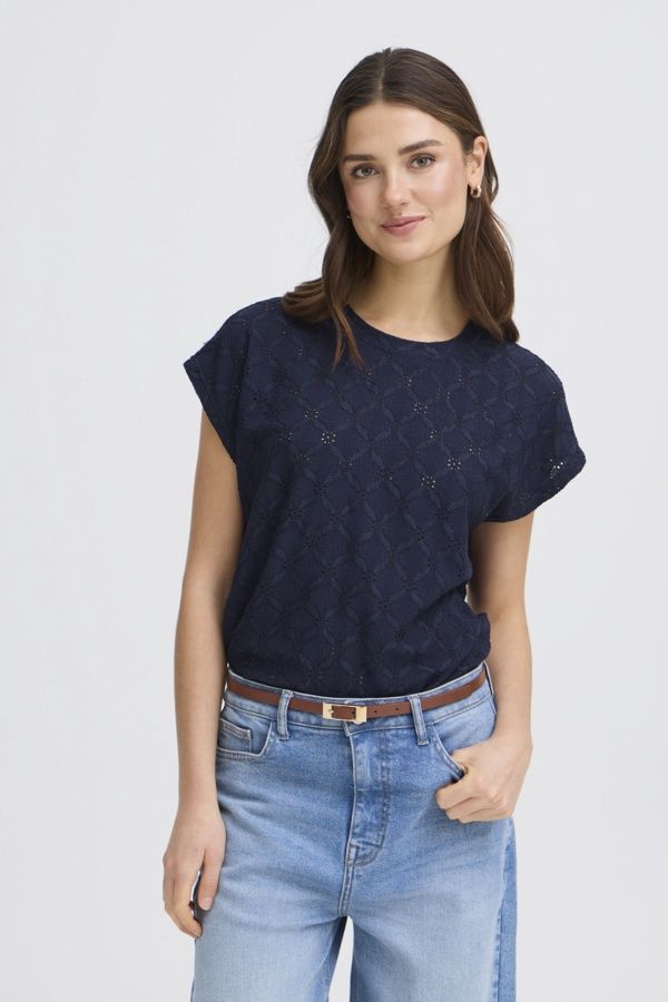 Fransa T-Shirt manches courtes col rond ajouré marine 20617940