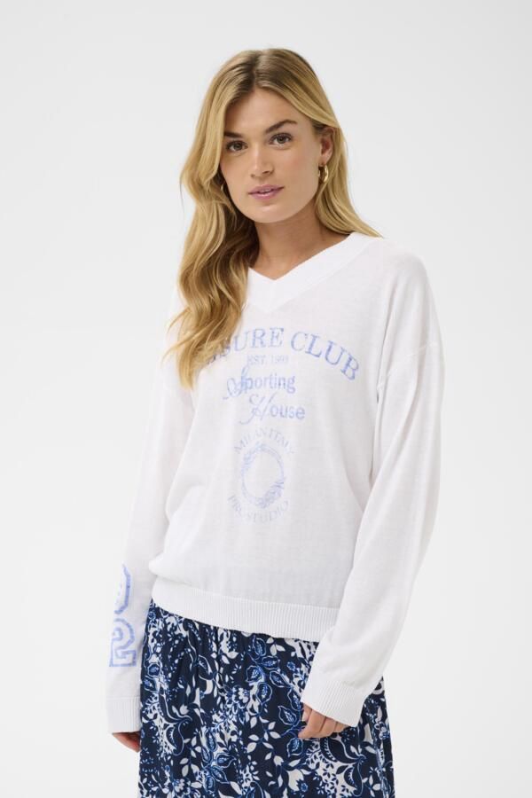 Cream Pull coton et lin manches longues col V écritures bleues 10614947