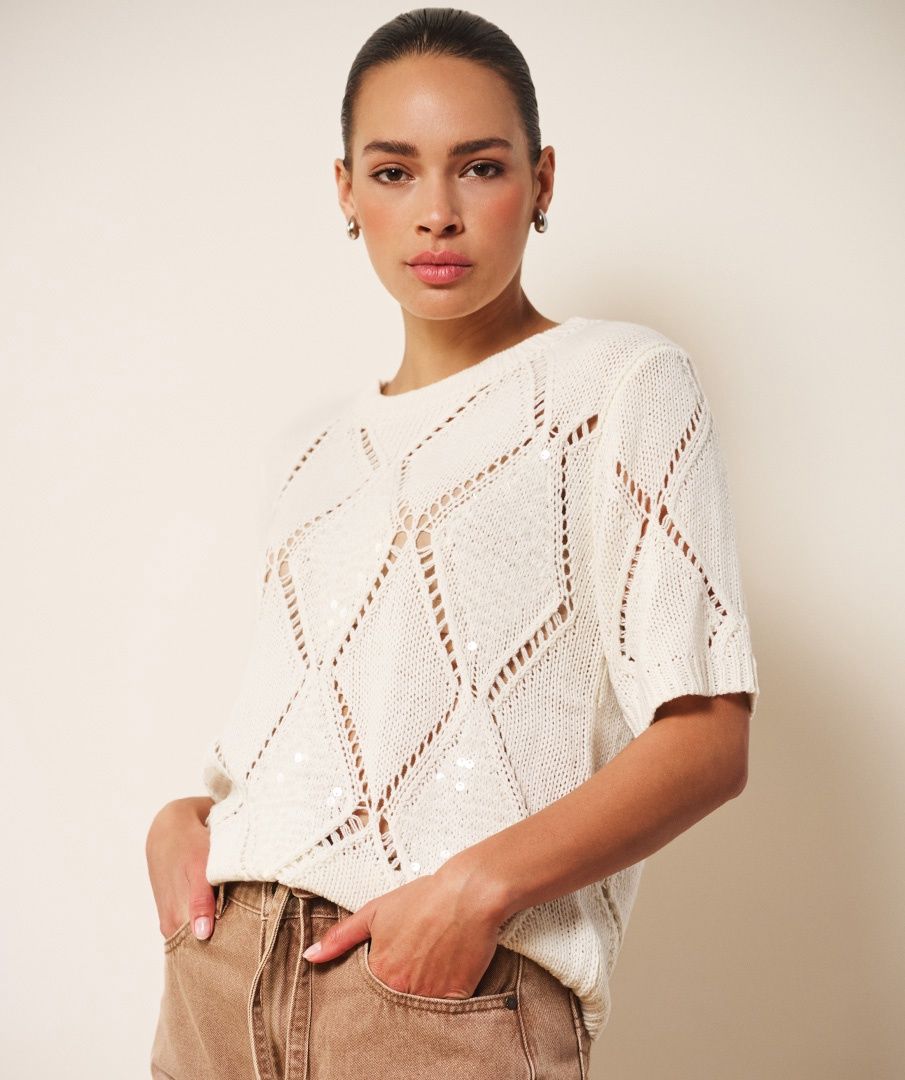 Esqualo Chandail pull manches courtes ajouré motif losange offwhite avec paillettes2602016