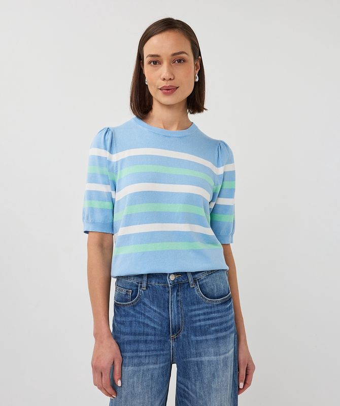 Esqualo Chandail tricot manches bouffantes rayures bleu pâle 2607010