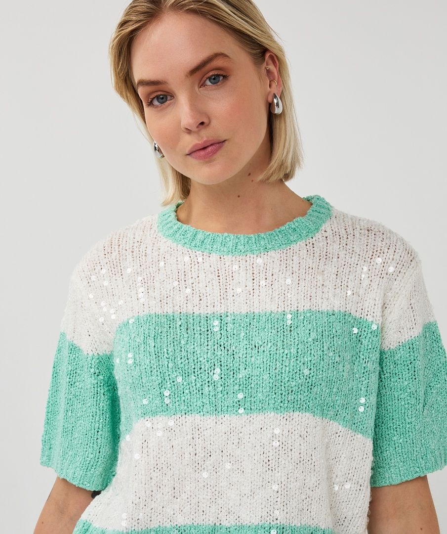 Esqualo Tricot maille manches courtes rayures larges peach bellini et offwhite paillettes  2602007