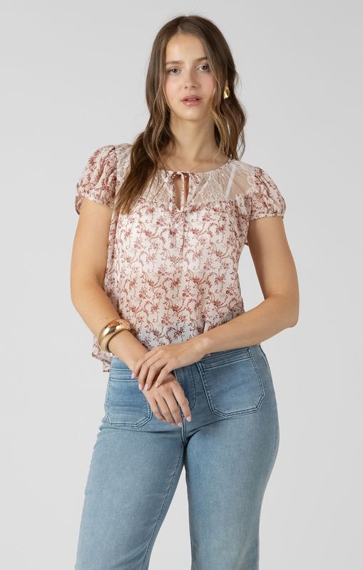 Dex T-shirt semi transparent col en dentelle motif floral brique 2723500
