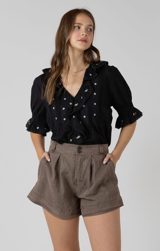 Dex Blouse noire manches bouffantes ruffle detail broderie fleurs 2723712