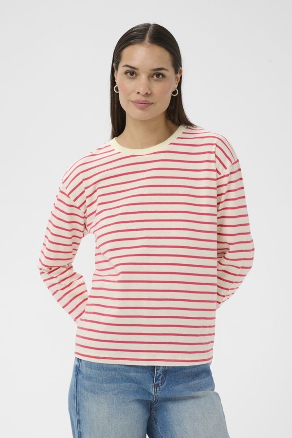 Kaffe Chandail manches longues col rond rayures roses 10507727