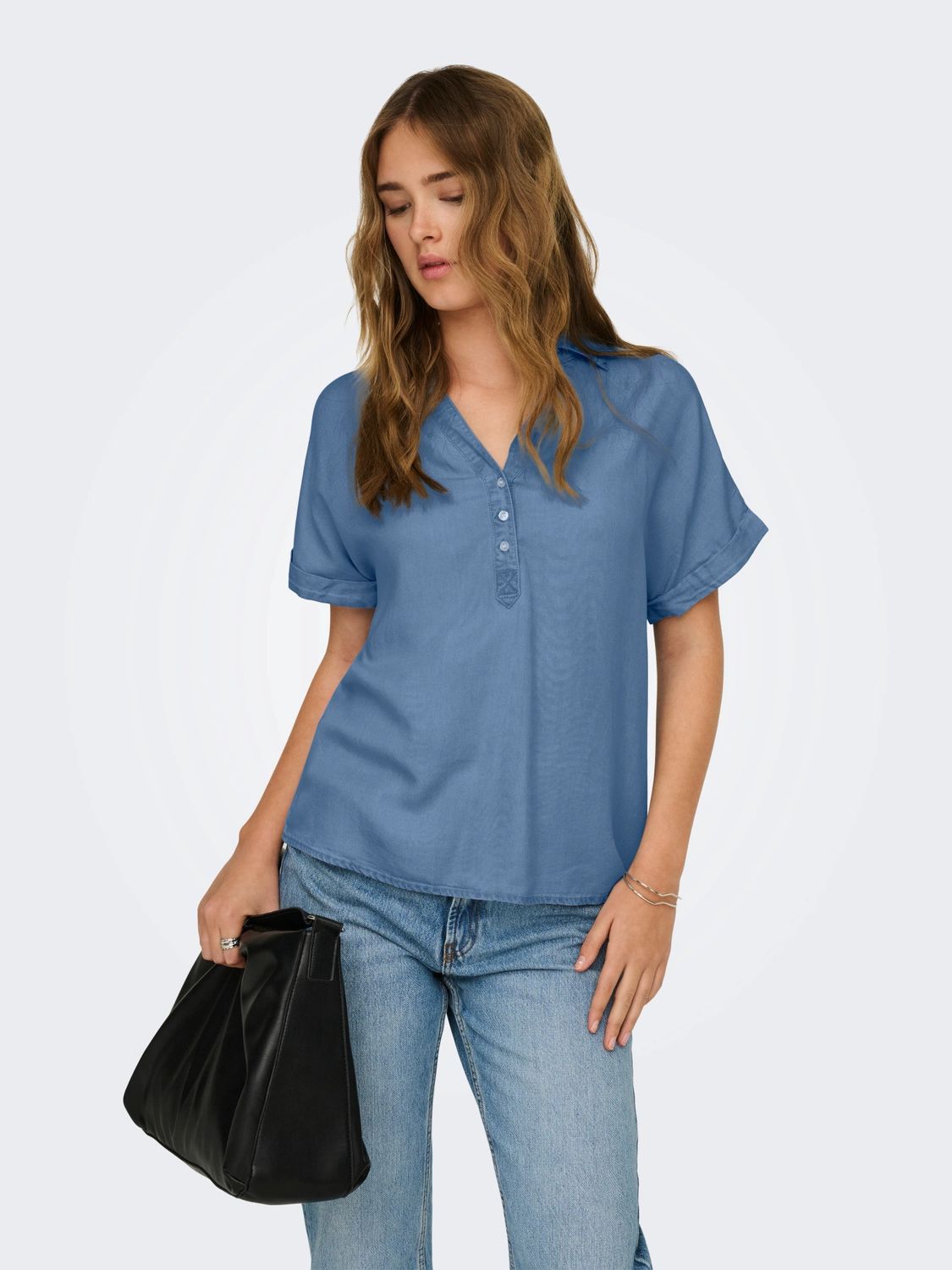 Only Blouse manches courtes tencel bleu moyen 15363976