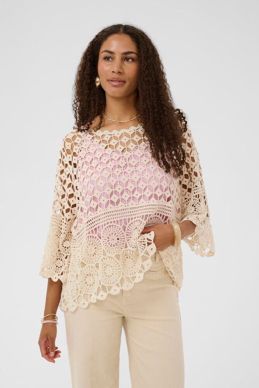 Cream Poncho écru en crochet manches 3/4 motif ajouré 10614908