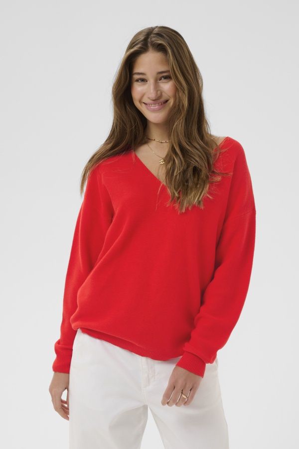 Cream Chandail coton tricot manches longues col V rouge vif 10608046