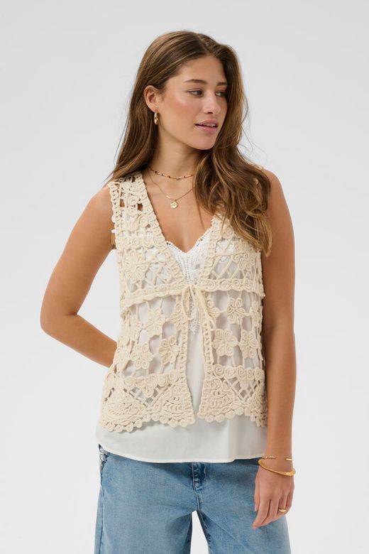 Cream Veste sans manches écru en crochet col V avec attache à nouer motif ajouré 10614909