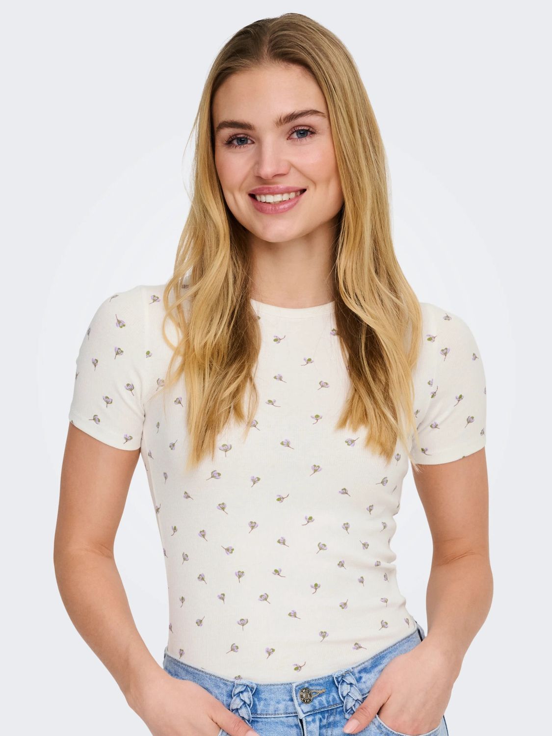 JDY T-Shirt manches courtes rib motif floral lilas 15352288