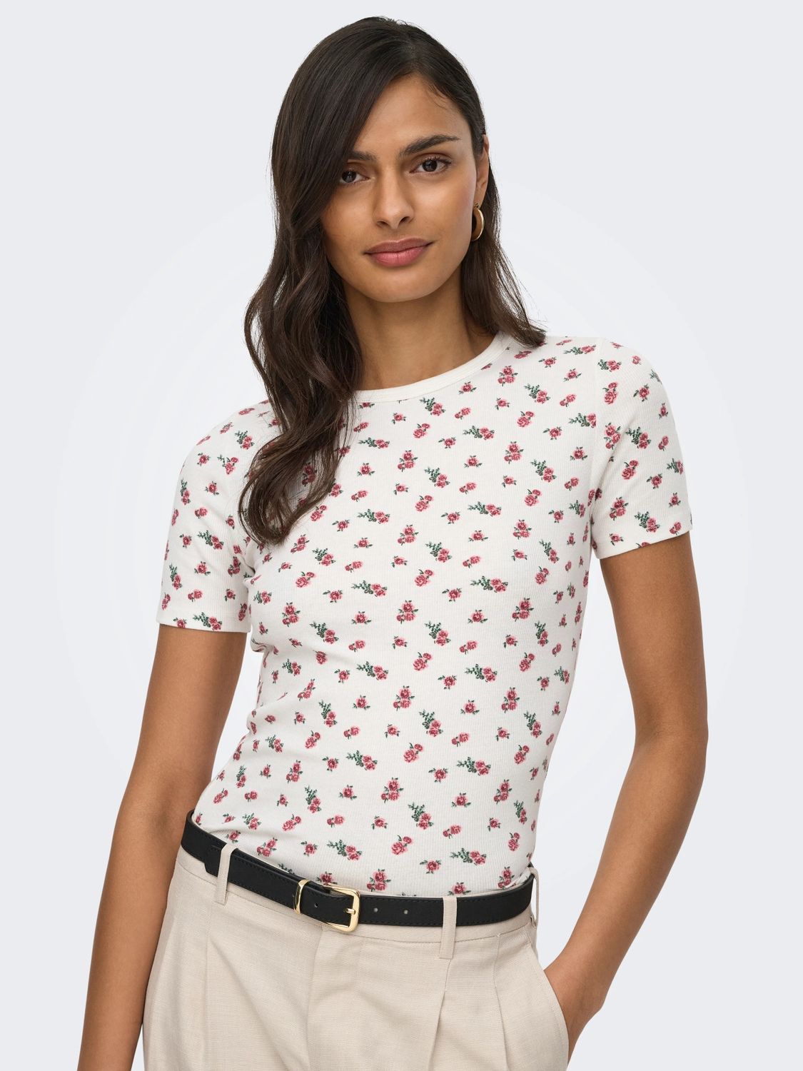 JDY T-Shirt manches courtes rib motif floral rose 15352288