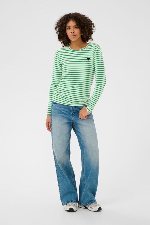 Kaffe Chandail manches longues offwhite à rayures vertes petit coeur sur la poitrine 10502821