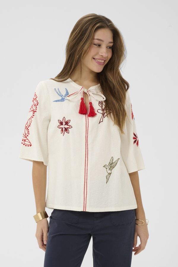 Cream Blouse whisper white manches 3/4 texturée et broderie 10614840