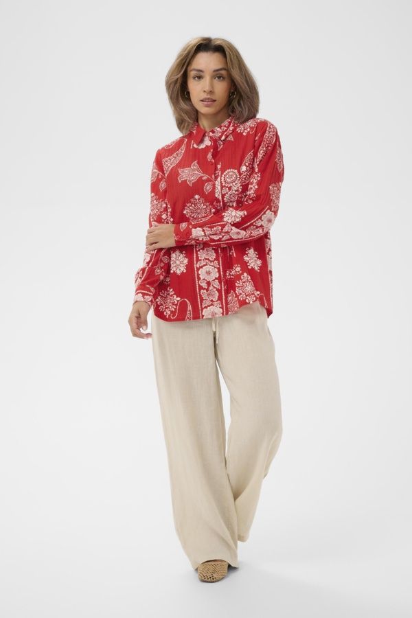 Cream Chemisier rouge manches longues imprimé Ethnic 10614904