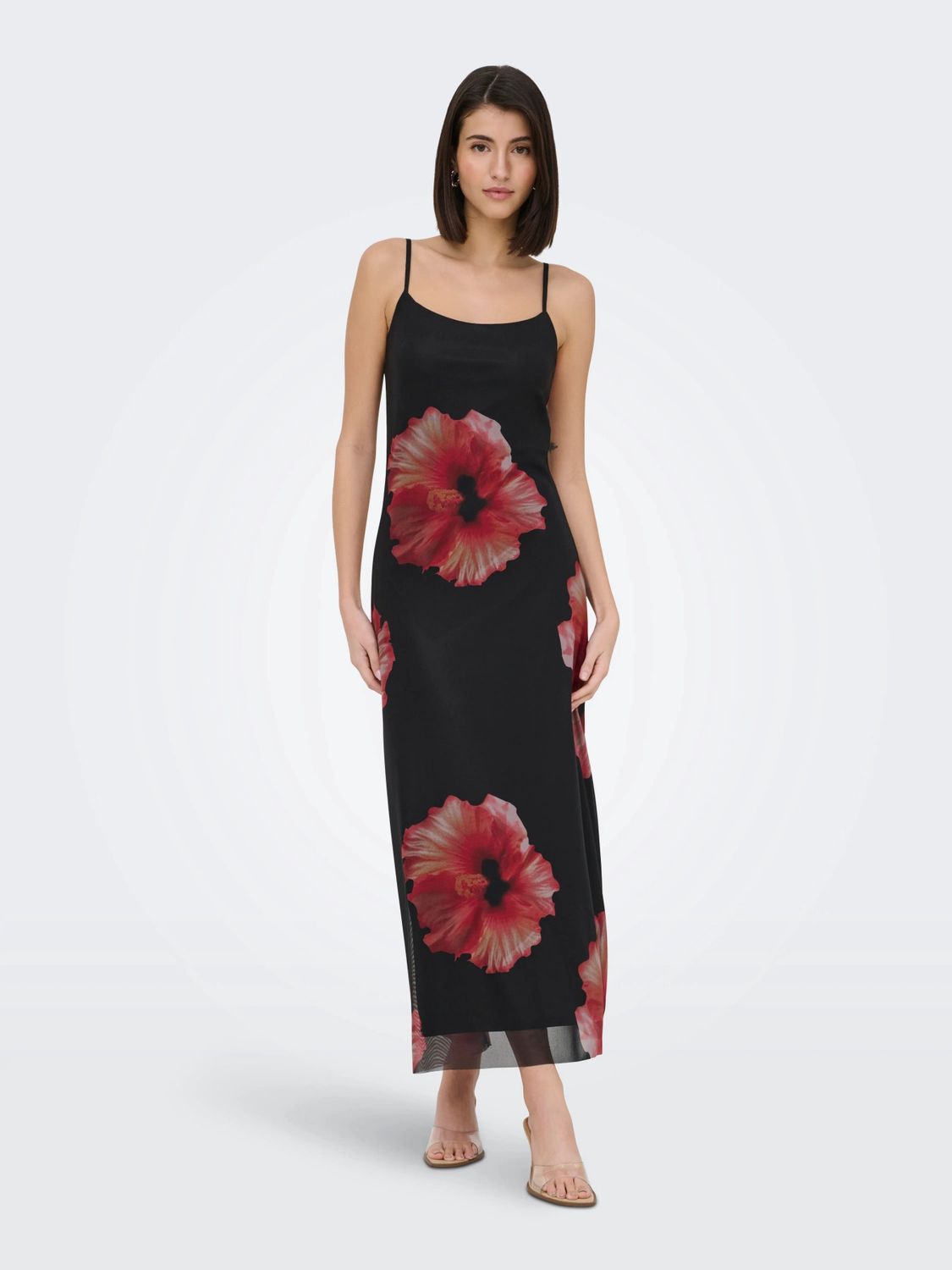 JDY Robe longue mesh noir fines bretelles imprimé Hibiscus 15378391