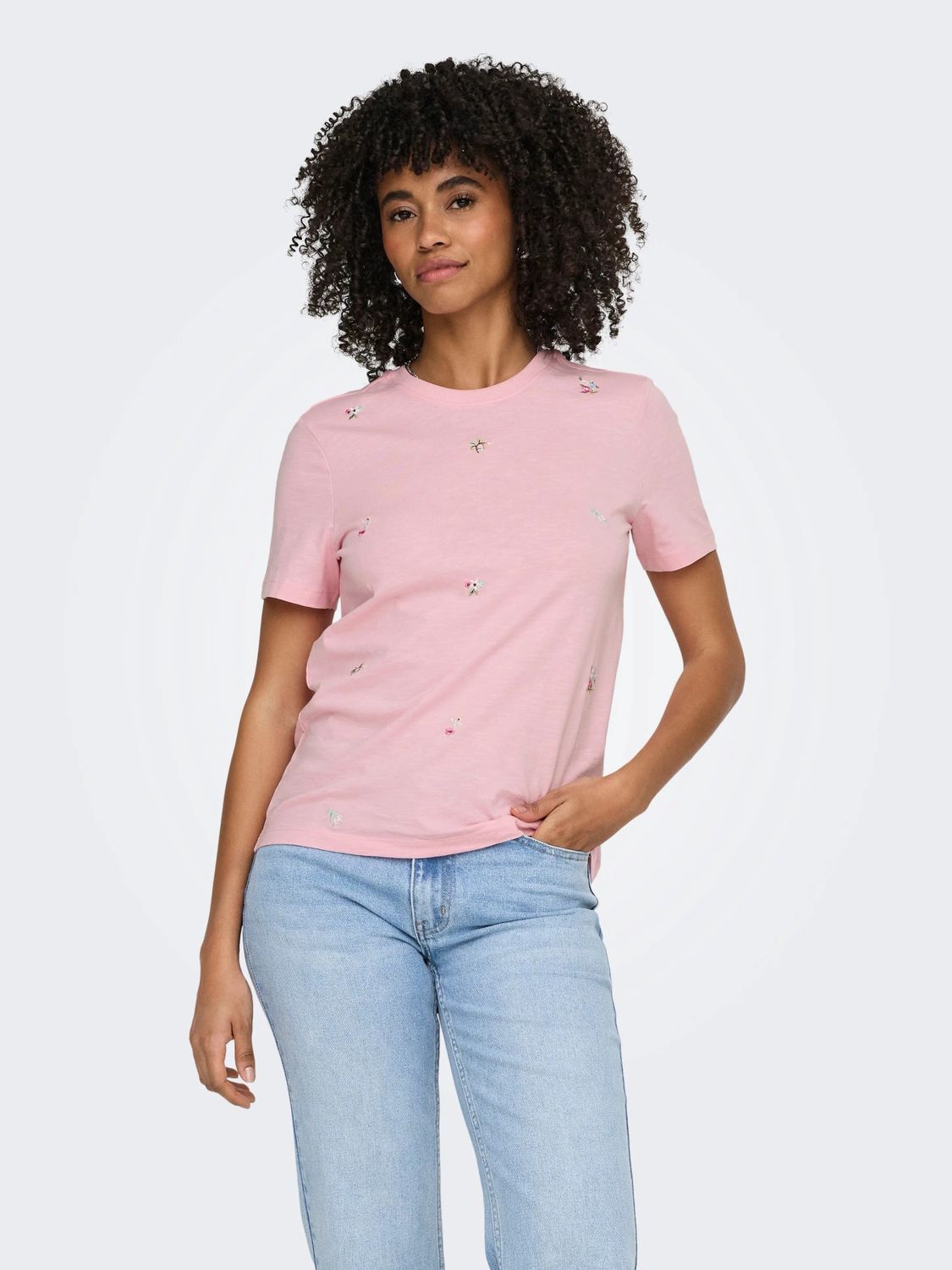 Only T-Shirt manches courtes col rond rose avec fleurs 15371671
