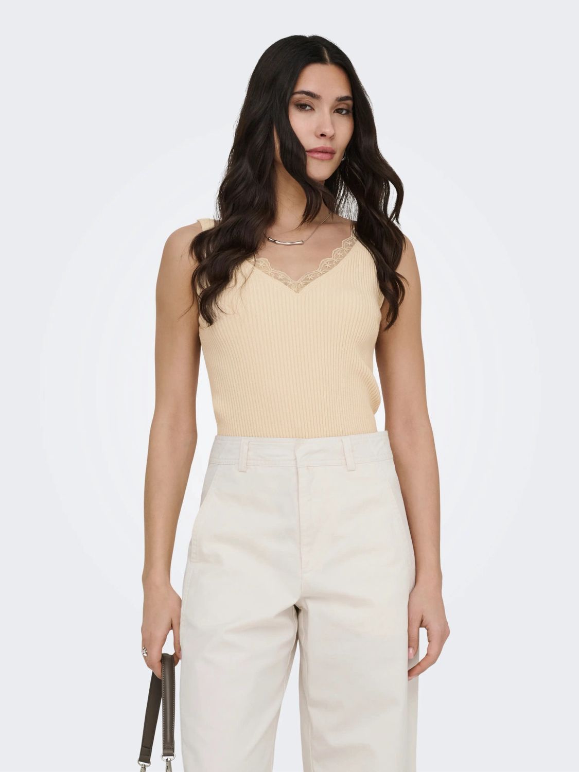 JDY Haut camisole tricot col V dentelle beige 15366202