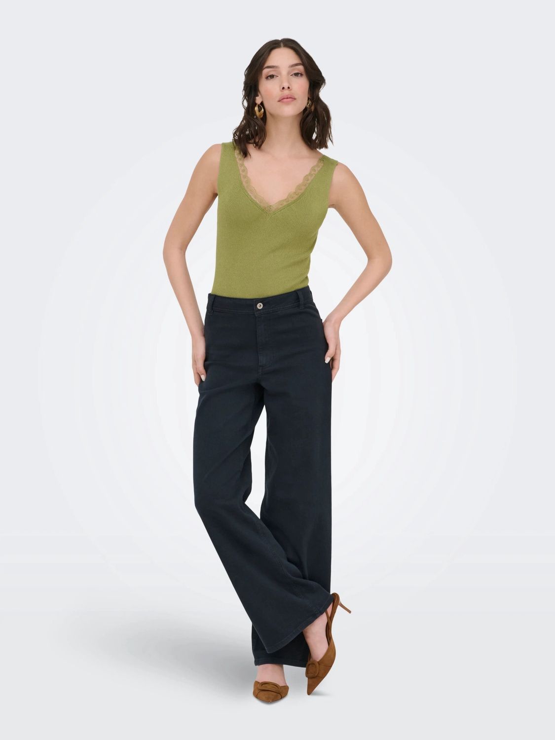 JDY Haut camisole tricot col V dentelle vert dried herb 15366202