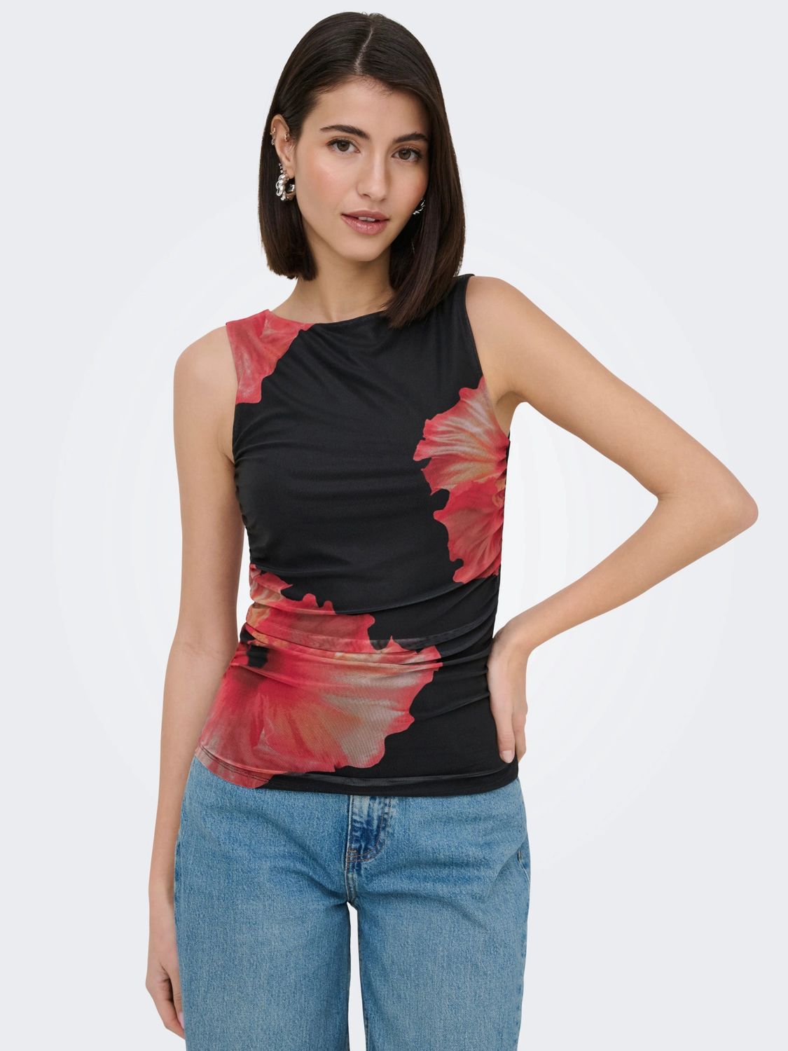 JDY Haut mesh drapé noir imprimé Hibiscus 15378388