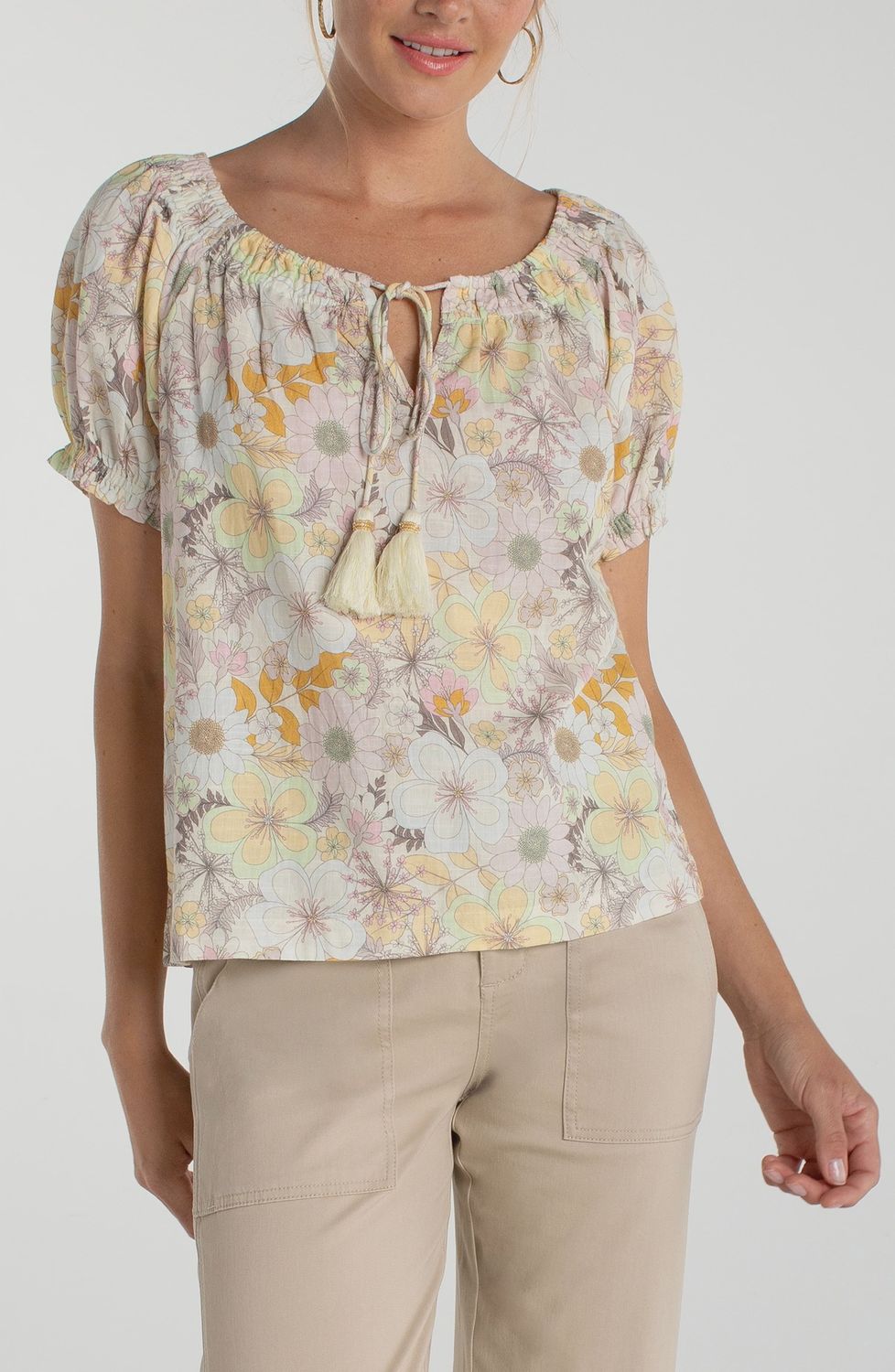 Liverpool Blouse manches courtes col froncé avec attache avant motif floral delicat LM8K12CF2P83