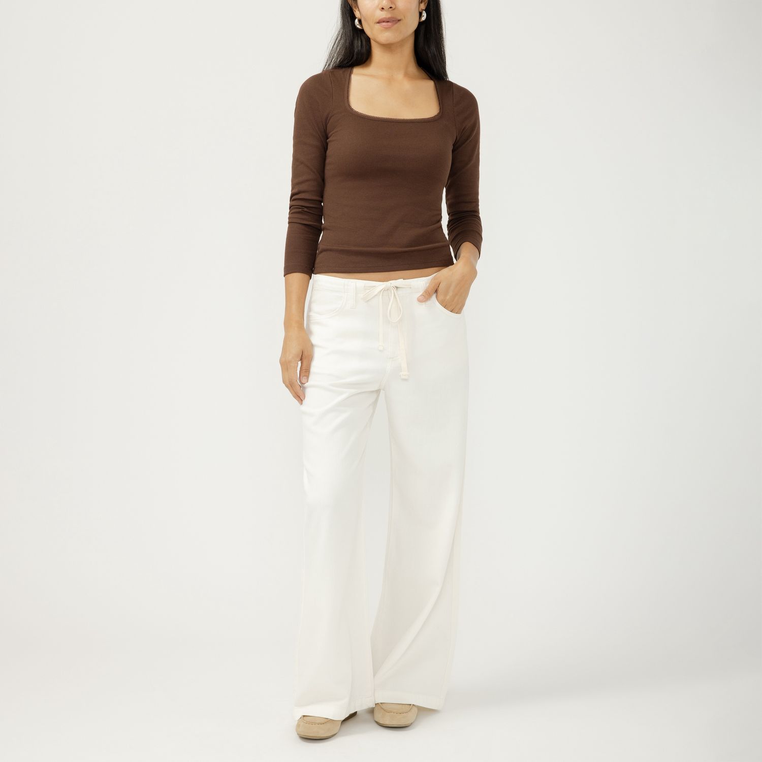 Silver Pantalon en denim fluide écru cordon à la taille jambes larges L63904LCC677